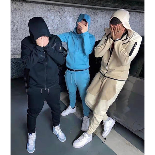 2022 Men's Sports Set Hooded Coat Cotton Tech Fleece Color Patchwork Male Sweatpants Set Training Suit Trousers Tracksuit
