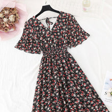 Load image into Gallery viewer, 2022 Summer Women Ruffled Short-sleeved Chiffon Dress V-neck High Waist Floral Print Beach Midi Dresses Backless Sexy Vestidos