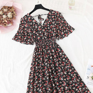 2022 Summer Women Ruffled Short-sleeved Chiffon Dress V-neck High Waist Floral Print Beach Midi Dresses Backless Sexy Vestidos