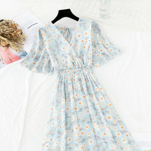 2022 Summer Women Ruffled Short-sleeved Chiffon Dress V-neck High Waist Floral Print Beach Midi Dresses Backless Sexy Vestidos