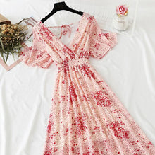 Load image into Gallery viewer, 2022 Summer Women Ruffled Short-sleeved Chiffon Dress V-neck High Waist Floral Print Beach Midi Dresses Backless Sexy Vestidos
