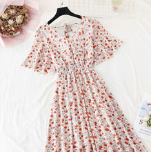 Load image into Gallery viewer, 2022 Summer Women Ruffled Short-sleeved Chiffon Dress V-neck High Waist Floral Print Beach Midi Dresses Backless Sexy Vestidos