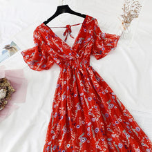 Load image into Gallery viewer, 2022 Summer Women Ruffled Short-sleeved Chiffon Dress V-neck High Waist Floral Print Beach Midi Dresses Backless Sexy Vestidos