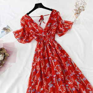 2022 Summer Women Ruffled Short-sleeved Chiffon Dress V-neck High Waist Floral Print Beach Midi Dresses Backless Sexy Vestidos