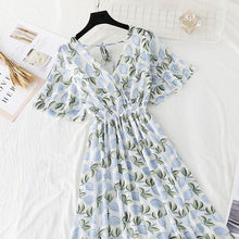 Load image into Gallery viewer, 2022 Summer Women Ruffled Short-sleeved Chiffon Dress V-neck High Waist Floral Print Beach Midi Dresses Backless Sexy Vestidos