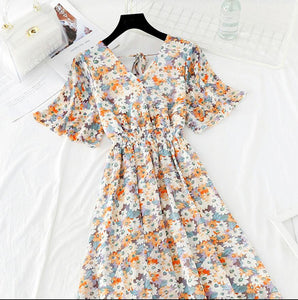2022 Summer Women Ruffled Short-sleeved Chiffon Dress V-neck High Waist Floral Print Beach Midi Dresses Backless Sexy Vestidos