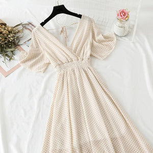 2022 Summer Women Ruffled Short-sleeved Chiffon Dress V-neck High Waist Floral Print Beach Midi Dresses Backless Sexy Vestidos