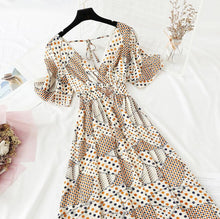 Load image into Gallery viewer, 2022 Summer Women Ruffled Short-sleeved Chiffon Dress V-neck High Waist Floral Print Beach Midi Dresses Backless Sexy Vestidos