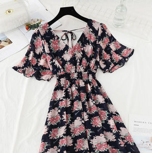 2022 Summer Women Ruffled Short-sleeved Chiffon Dress V-neck High Waist Floral Print Beach Midi Dresses Backless Sexy Vestidos