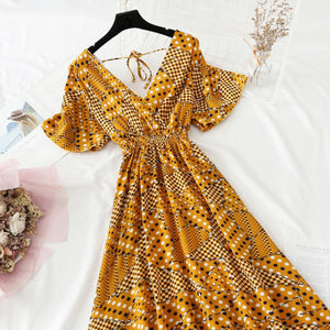 2022 Summer Women Ruffled Short-sleeved Chiffon Dress V-neck High Waist Floral Print Beach Midi Dresses Backless Sexy Vestidos