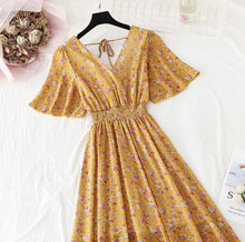 Load image into Gallery viewer, 2022 Summer Women Ruffled Short-sleeved Chiffon Dress V-neck High Waist Floral Print Beach Midi Dresses Backless Sexy Vestidos