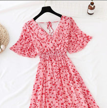 Load image into Gallery viewer, 2022 Summer Women Ruffled Short-sleeved Chiffon Dress V-neck High Waist Floral Print Beach Midi Dresses Backless Sexy Vestidos