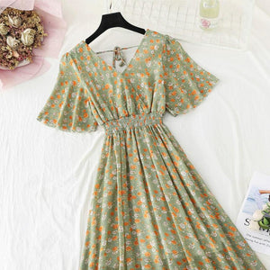 2022 Summer Women Ruffled Short-sleeved Chiffon Dress V-neck High Waist Floral Print Beach Midi Dresses Backless Sexy Vestidos