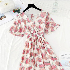 2022 Summer Women Ruffled Short-sleeved Chiffon Dress V-neck High Waist Floral Print Beach Midi Dresses Backless Sexy Vestidos