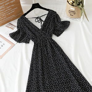 2022 Summer Women Ruffled Short-sleeved Chiffon Dress V-neck High Waist Floral Print Beach Midi Dresses Backless Sexy Vestidos