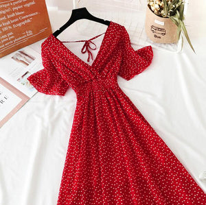 2022 Summer Women Ruffled Short-sleeved Chiffon Dress V-neck High Waist Floral Print Beach Midi Dresses Backless Sexy Vestidos