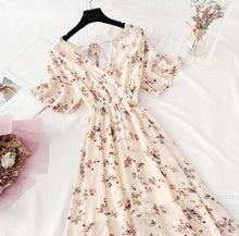 Load image into Gallery viewer, 2022 Summer Women Ruffled Short-sleeved Chiffon Dress V-neck High Waist Floral Print Beach Midi Dresses Backless Sexy Vestidos