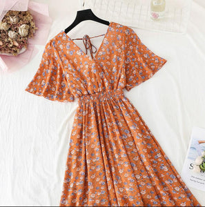 2022 Summer Women Ruffled Short-sleeved Chiffon Dress V-neck High Waist Floral Print Beach Midi Dresses Backless Sexy Vestidos