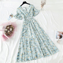 Load image into Gallery viewer, 2022 Summer Women Ruffled Short-sleeved Chiffon Dress V-neck High Waist Floral Print Beach Midi Dresses Backless Sexy Vestidos