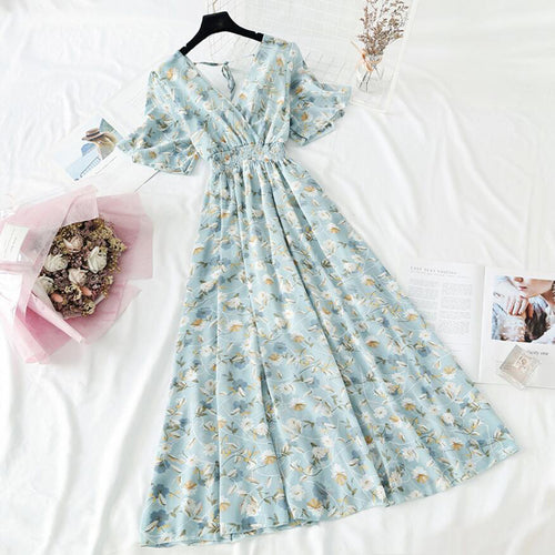 2022 Summer Women Ruffled Short-sleeved Chiffon Dress V-neck High Waist Floral Print Beach Midi Dresses Backless Sexy Vestidos