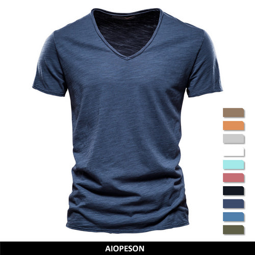 Brand Quality 100% Cotton Men T-shirt V-neck Fashion Design Slim Fit Soild T-shirts Male Tops Tees Short Sleeve T Shirt For Men