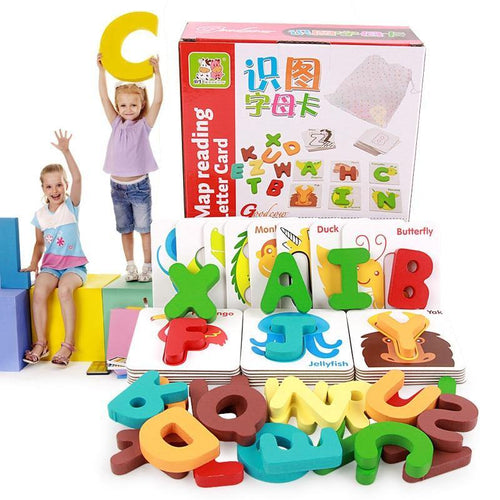 Fun Wooden Early Education Baby English Learning ABC Alphabet Letter Cards Cognitive Animal Puzzle Toys - Bán Cà Chua