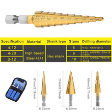 Load image into Gallery viewer, 3Pcs/set 3-12mm 4-12mm 4-20mm HSS Straight Groove Step Drill Bit Titanium Coated Wood Metal Hole Cutter Core Drilling Tools Set