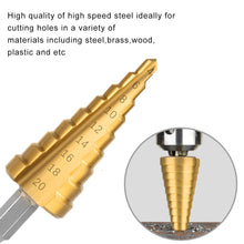 Load image into Gallery viewer, 3Pcs/set 3-12mm 4-12mm 4-20mm HSS Straight Groove Step Drill Bit Titanium Coated Wood Metal Hole Cutter Core Drilling Tools Set