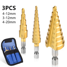 Load image into Gallery viewer, 3Pcs/set 3-12mm 4-12mm 4-20mm HSS Straight Groove Step Drill Bit Titanium Coated Wood Metal Hole Cutter Core Drilling Tools Set