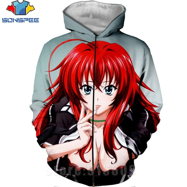 High School DXD Zipper 3D Print Rias Gremory Anime Sweatshirt Jacket Harajuku Cartoon Hoodies Kawaii Sexy Girl Shirt Zip hoodie