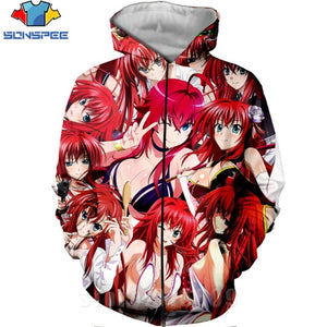 High School DXD Zipper 3D Print Rias Gremory Anime Sweatshirt Jacket Harajuku Cartoon Hoodies Kawaii Sexy Girl Shirt Zip hoodie