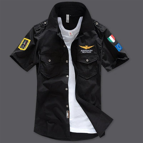 New Men's Shirts Short Sleeve Summer Beach Embroidered Tops High Quality Military Cotton Air Force One MA Casual Shirts 6XL - Bán Cà Chua